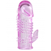 Розовая  гелевая насадка с клиторальным отростком - 13,5 см. - Toyfa Basic - в Северодвинске купить с доставкой Розовая  гелевая насадка с клиторальным отростком - 13,5 см. - Toyfa Basic - в Северодвинске купить с доставкой