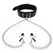 Черный ошейник с зажимами на соски на цепочке - Notabu - купить с доставкой в Северодвинске Черный ошейник с зажимами на соски на цепочке - Notabu - купить с доставкой в Северодвинске