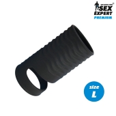 Черная открытая насадка на пенис с кольцом для мошонки L-size - 8,5 см. - Sex Expert - в Северодвинске купить с доставкой