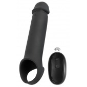 Черная вибронасадка для пениса с хомутом для мошонки и пультом ДУ Remote Controlled Penis Extension - Orion - в Северодвинске купить с доставкой