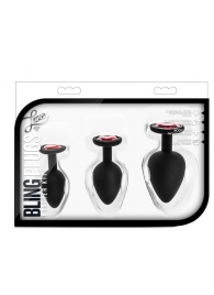 Набор черных анальных пробок с красным кристаллом-сердечком Bling Plugs Training Kit - Blush Novelties - купить с доставкой в Северодвинске
