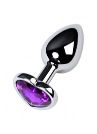 Серебристая коническая анальная пробка с фиолетовым кристаллом-сердечком - 7 см. - ToyFa - купить с доставкой в Северодвинске