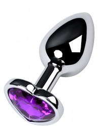 Серебристая коническая анальная пробка с фиолетовым кристаллом-сердечком - 7 см. - ToyFa - купить с доставкой в Северодвинске