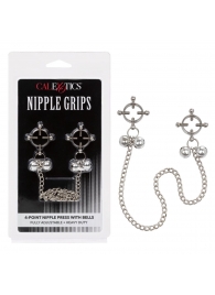 Металлические зажимы для сосков на цепочке Nipple Grips 4-Point Nipple Press with Bells - California Exotic Novelties - купить с доставкой в Северодвинске