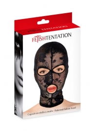 Черная кружевная маска на голову с отверстиями для глаз и рта - Fetish Tentation - купить с доставкой в Северодвинске