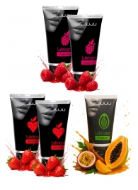 Набор из 5 съедобных лубрикантов JUJU (клубника х 2, малина х 2, тропические фрукты) - JuJu - купить с доставкой в Северодвинске Набор из 5 съедобных лубрикантов JUJU (клубника х 2, малина х 2, тропические фрукты) - JuJu - купить с доставкой в Северодвинске