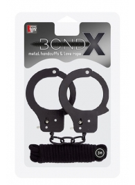 Чёрные наручники из листового металла в комплекте с веревкой BONDX METAL CUFFS LOVE ROPE SET - Dream Toys - купить с доставкой в Северодвинске