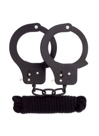 Чёрные наручники из листового металла в комплекте с веревкой BONDX METAL CUFFS LOVE ROPE SET - Dream Toys - купить с доставкой в Северодвинске