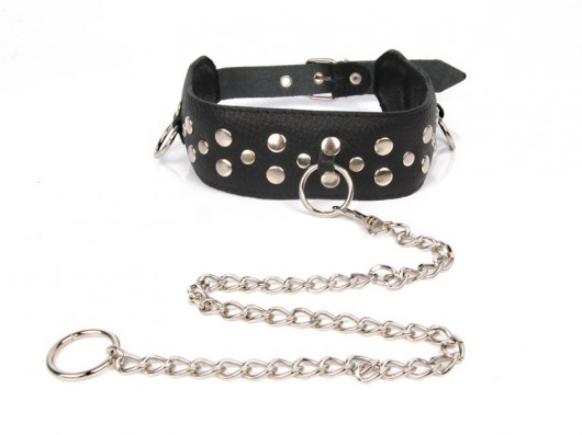Черный ошейник с заклепками с металлическим поводком-цепочкой - Notabu - купить с доставкой в Северодвинске Черный ошейник с заклепками с металлическим поводком-цепочкой - Notabu - купить с доставкой в Северодвинске
