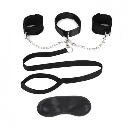 Чёрный ошейник с наручниками и поводком Collar Cuffs   Leash Set - Lux Fetish - купить с доставкой в Северодвинске