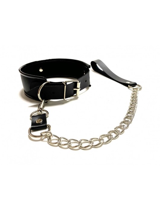 Черный ошейник с поводком из эко-кожи - БДСМ Арсенал - купить с доставкой в Северодвинске