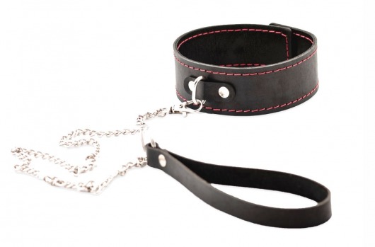 Черный широкий ошейник с красной строчкой и поводком - Crazy Handmade - купить с доставкой в Северодвинске