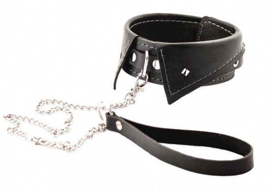 Черный ошейник-воротничок с металлическим поводком - Crazy Handmade - купить с доставкой в Северодвинске Черный ошейник-воротничок с металлическим поводком - Crazy Handmade - купить с доставкой в Северодвинске