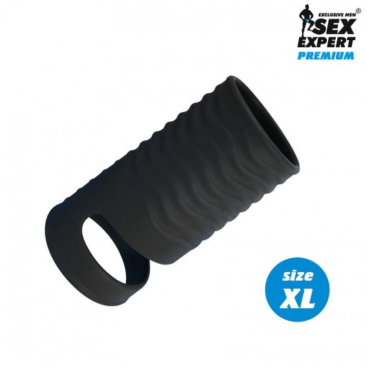 Черная открытая насадка на пенис с кольцом для мошонки XL-size - 8,9 см. - Sex Expert - в Северодвинске купить с доставкой