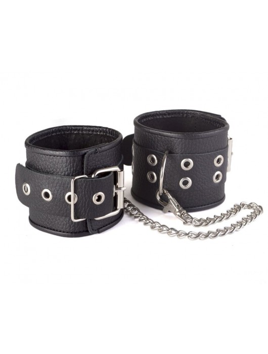 Кожаные черные оковы с широким ремешком, соединенные цепочкой - Sitabella - купить с доставкой в Северодвинске