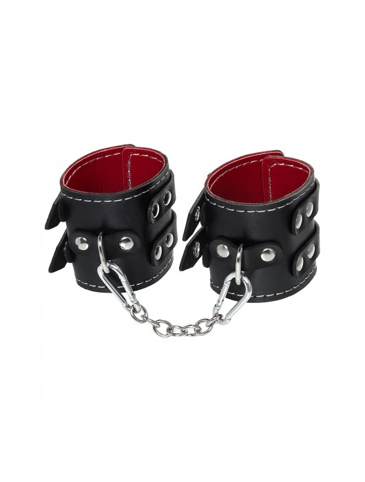 Черные кожаные наручники с двумя ремнями и красной подкладкой - Pecado - купить с доставкой в Северодвинске
