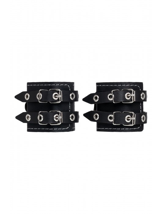 Черные кожаные наручники с двумя ремнями и красной подкладкой - Pecado - купить с доставкой в Северодвинске