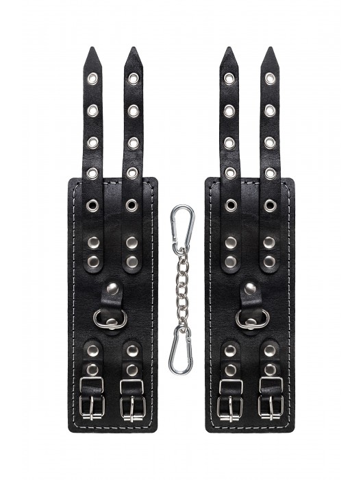 Черные кожаные наручники с двумя ремнями и красной подкладкой - Pecado - купить с доставкой в Северодвинске