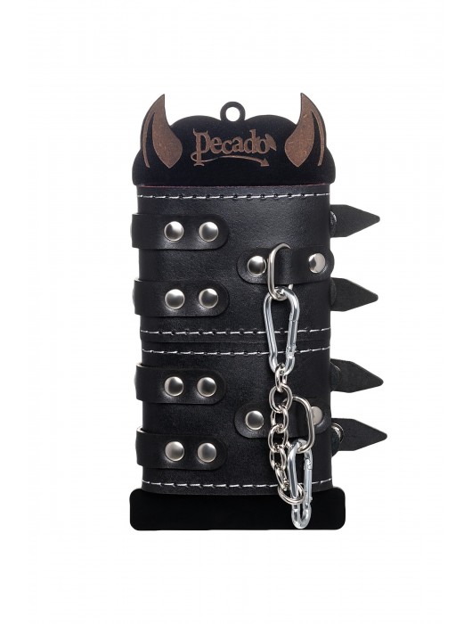 Черные кожаные наручники с двумя ремнями и красной подкладкой - Pecado - купить с доставкой в Северодвинске