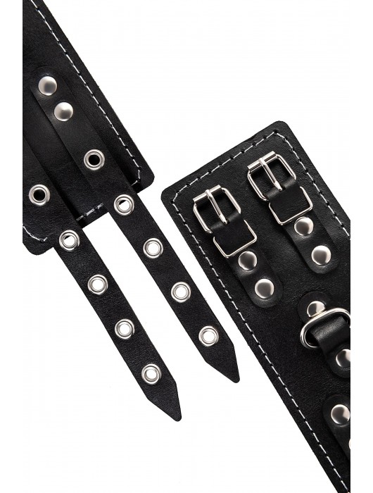 Черные кожаные наручники с двумя ремнями и красной подкладкой - Pecado - купить с доставкой в Северодвинске
