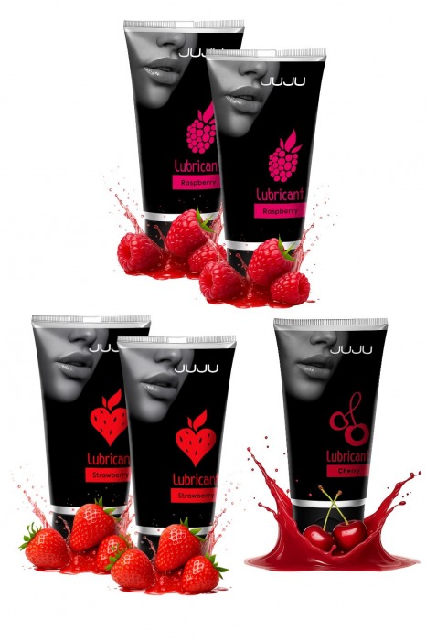 Набор из 5 съедобных лубрикантов JUJU (клубника х 2, малина х 2, вишня) - JuJu - купить с доставкой в Северодвинске Набор из 5 съедобных лубрикантов JUJU (клубника х 2, малина х 2, вишня) - JuJu - купить с доставкой в Северодвинске
