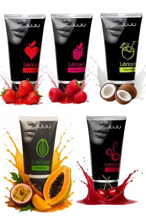Набор из 5 съедобных лубрикантов JUJU (клубника, малина, тропические фрукты, вишня, кокос) - JuJu - купить с доставкой в Северодвинске Набор из 5 съедобных лубрикантов JUJU (клубника, малина, тропические фрукты, вишня, кокос) - JuJu - купить с доставкой в Северодвинске