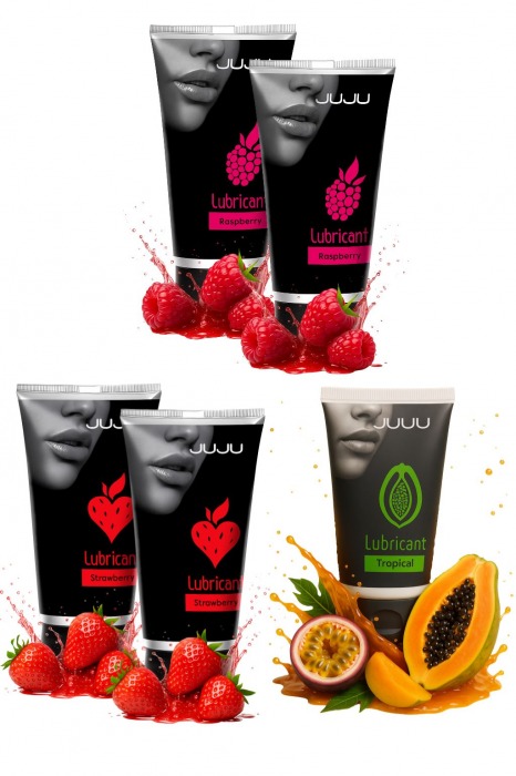 Набор из 5 съедобных лубрикантов JUJU (клубника х 2, малина х 2, тропические фрукты) - JuJu - купить с доставкой в Северодвинске Набор из 5 съедобных лубрикантов JUJU (клубника х 2, малина х 2, тропические фрукты) - JuJu - купить с доставкой в Северодвинске