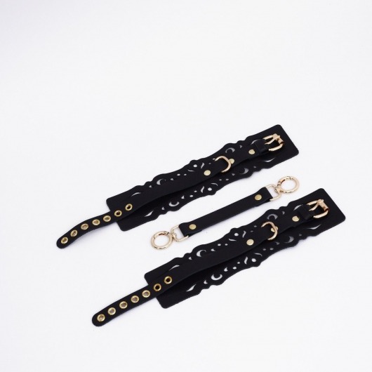 Черный кожаные оковы с узорами и золотистой фурнитурой - Crazy Handmade - купить с доставкой в Северодвинске Черный кожаные оковы с узорами и золотистой фурнитурой - Crazy Handmade - купить с доставкой в Северодвинске