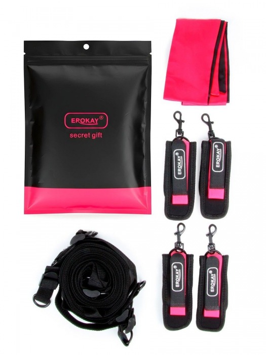 Черно-розовый эротический набор: фиксатор, оковы, наручники, повязка - Erokay - купить с доставкой в Северодвинске